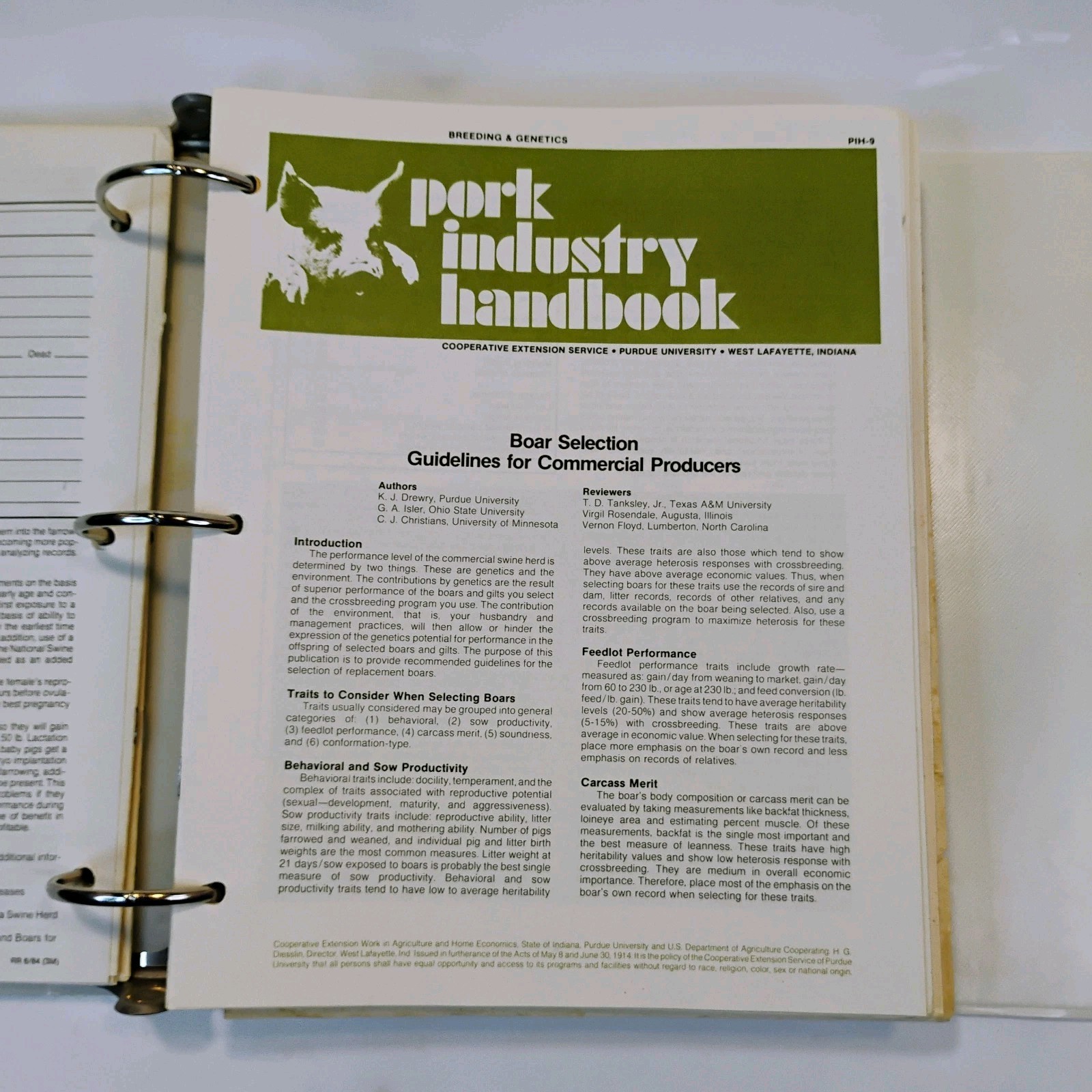 Vintage Pork Industry Handbook by Purdue University, June 1987, 3 Ring Binder