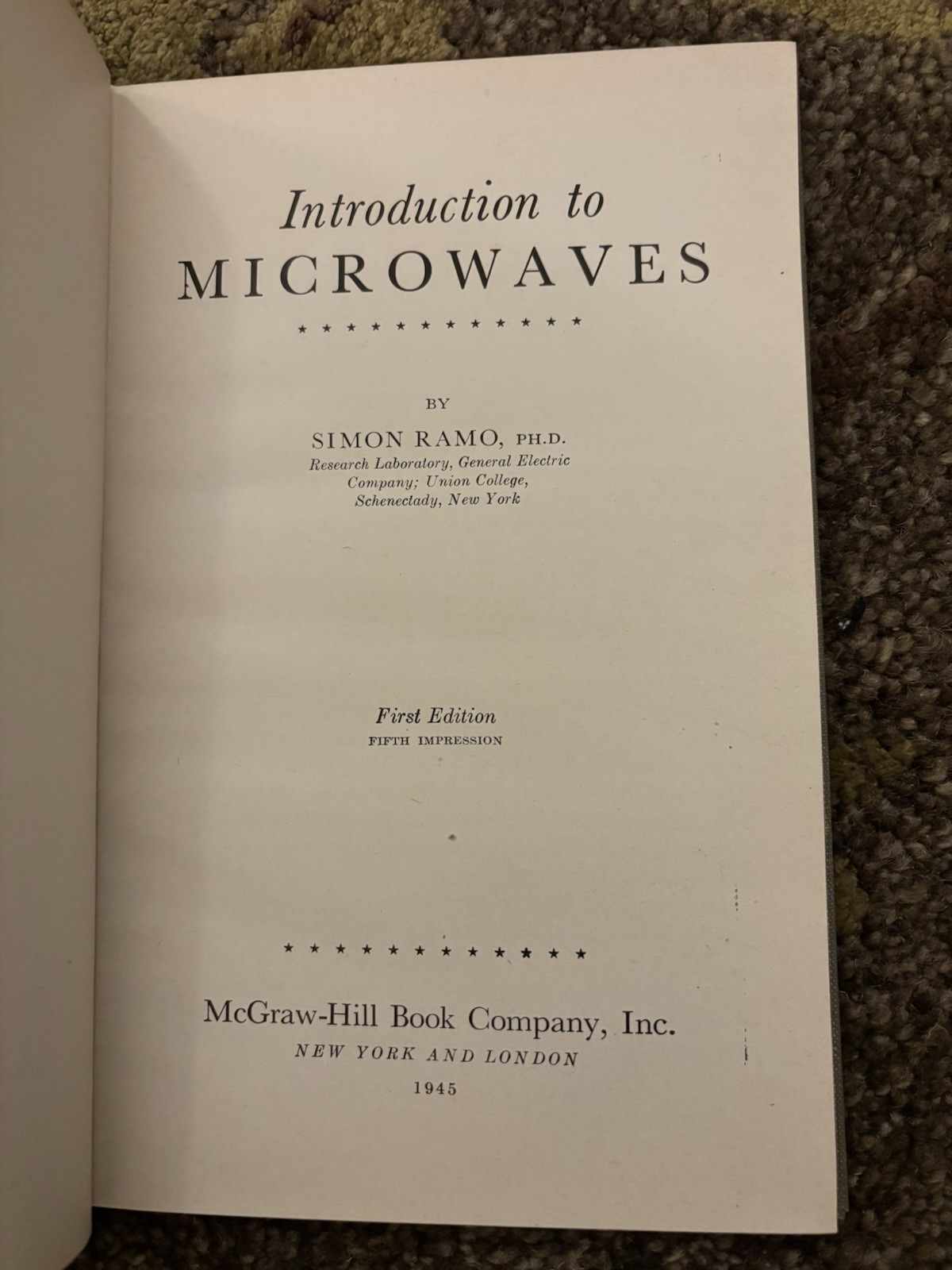 1945 Introduction to Microwaves by Simon Ramo GE Research Lab 1st Edition 5th