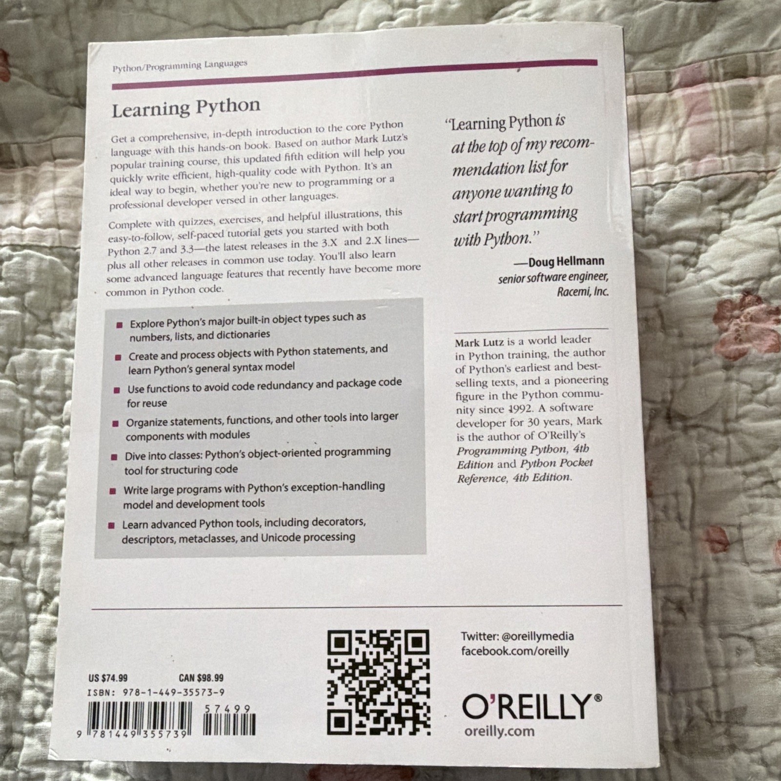 Learning Python 5th Edition Paperback by Mark Lutz (O’Reilly)