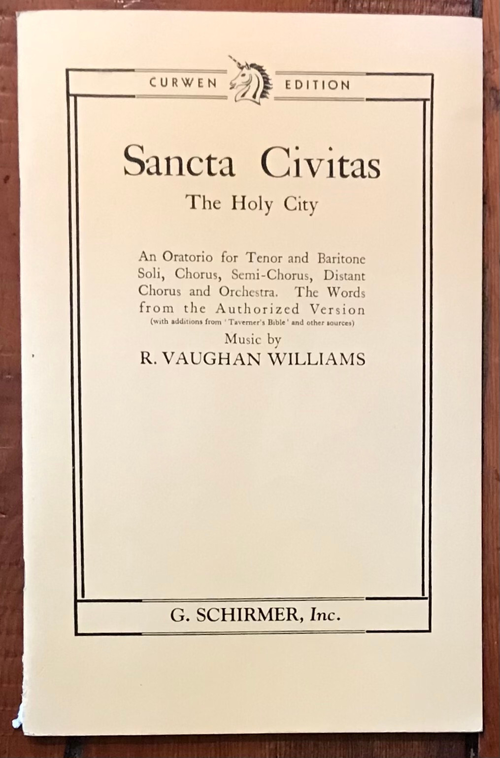 VAUGHAN WILLIAMS “SANCTA CIVITAS” SCHIRMER PIANO/VOCAL SCORE PB VG- ENGLISH TEXT