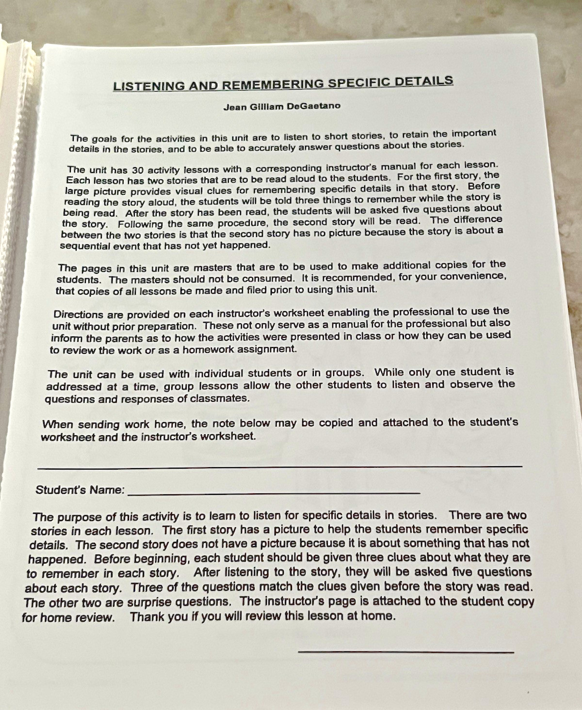 Jean Gilliam DeGaetano Listening and Remembering Specific Details Speech Therapy