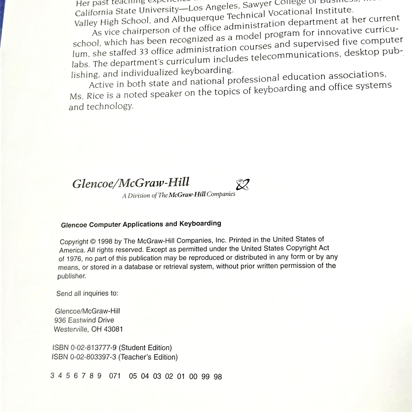 Glencoe Computer Applications Keyboarding Teachers Wraparound Edition 1998 READ