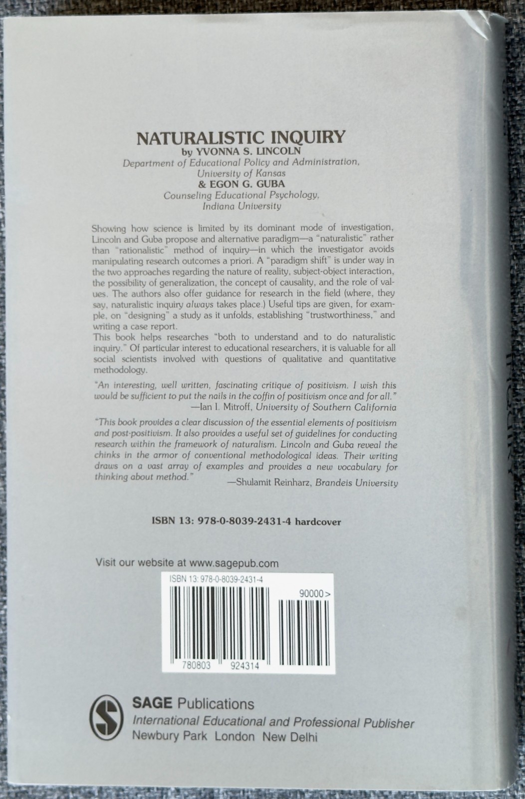 Naturalistic Inquiry Hardcover Yvonna S., Guba, Egon G. Lincoln
