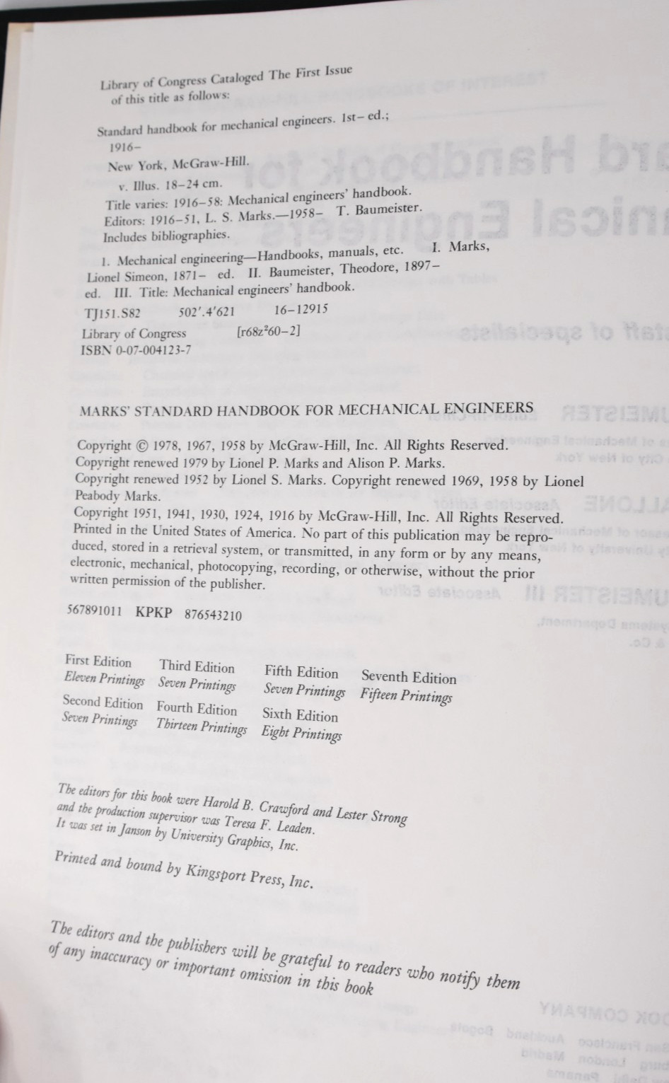 Marks’ Standard Handbook for Mechanical Engineers, 8th Edition, 1978 Baumeister