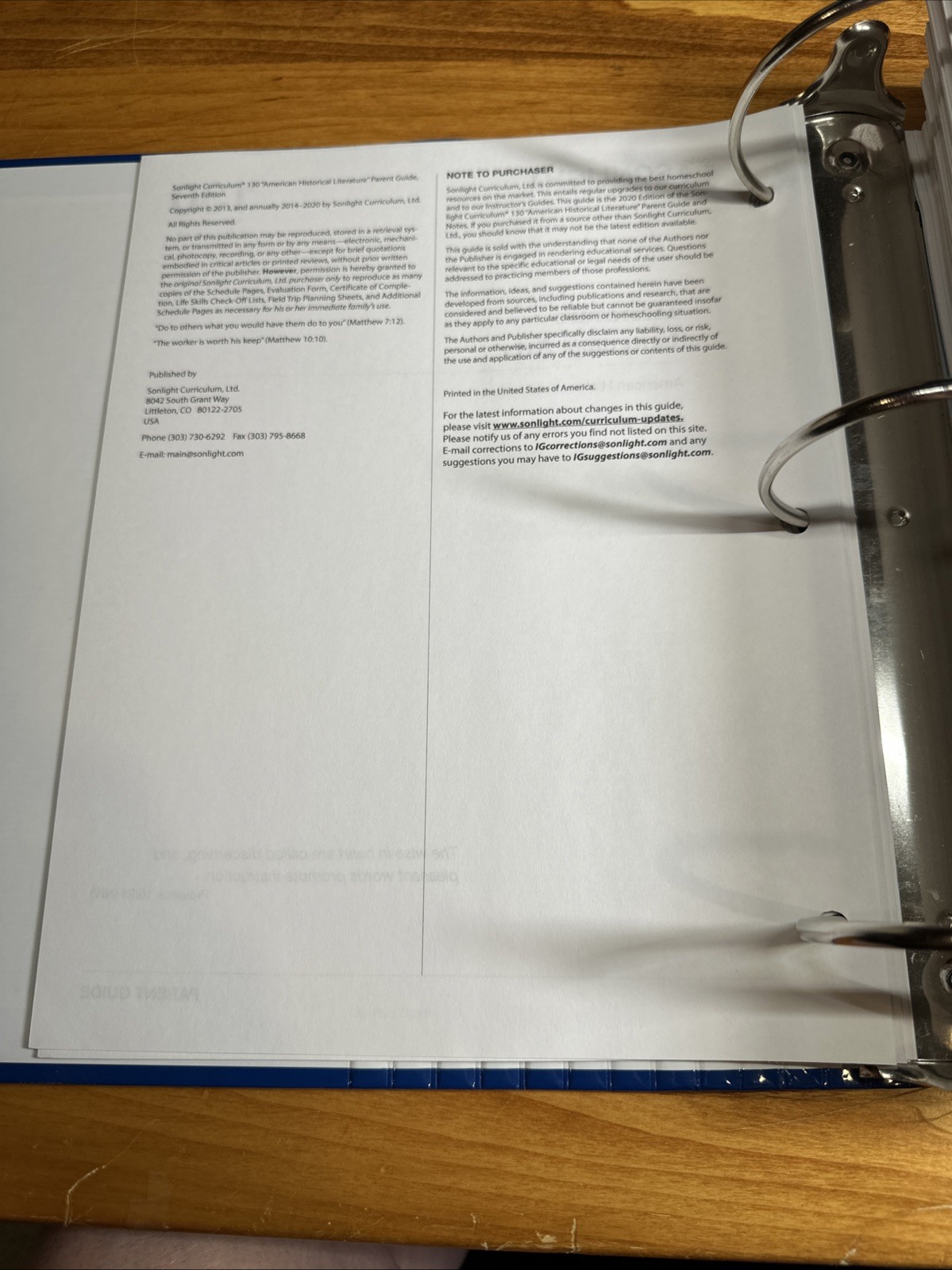 Sonlight Level 120 & 130 American History & Literature Parent Guides @2020 Ed.