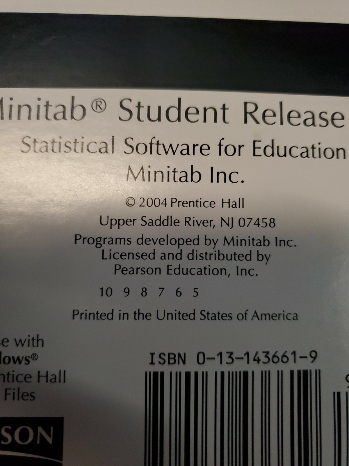 Minitab Student Release 14 For Windows CD By Minitab Inc. Prentice Hall 2004
