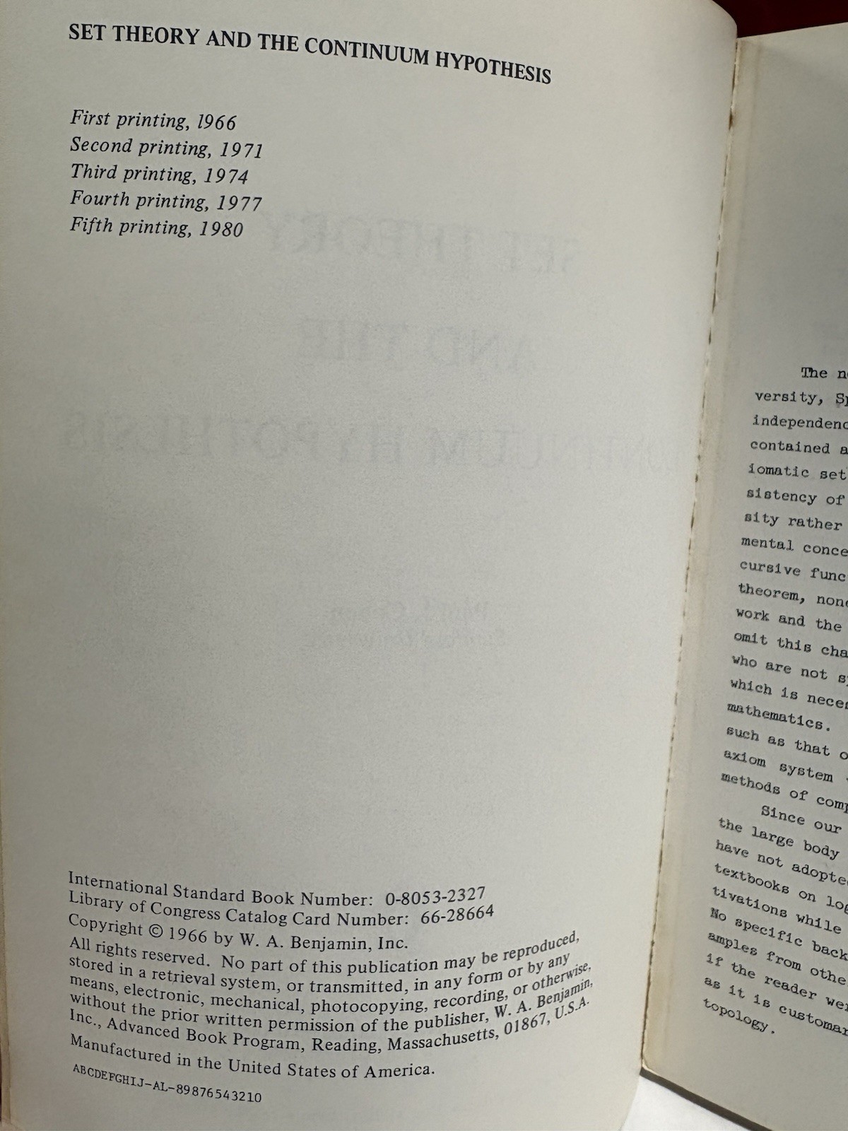 SET THEORY AND THE CONTINUUM HYPOTHESIS By Paul J. Cohen, Fifth Printing, 1980