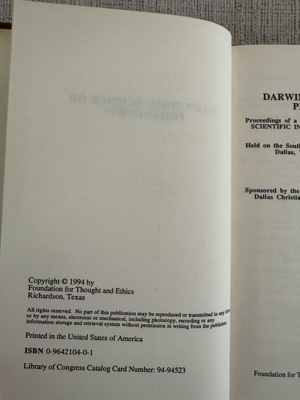 Darwinism: Science or Philosophy? 1994 HC Foundation for Thought Ethics Ex-Lib