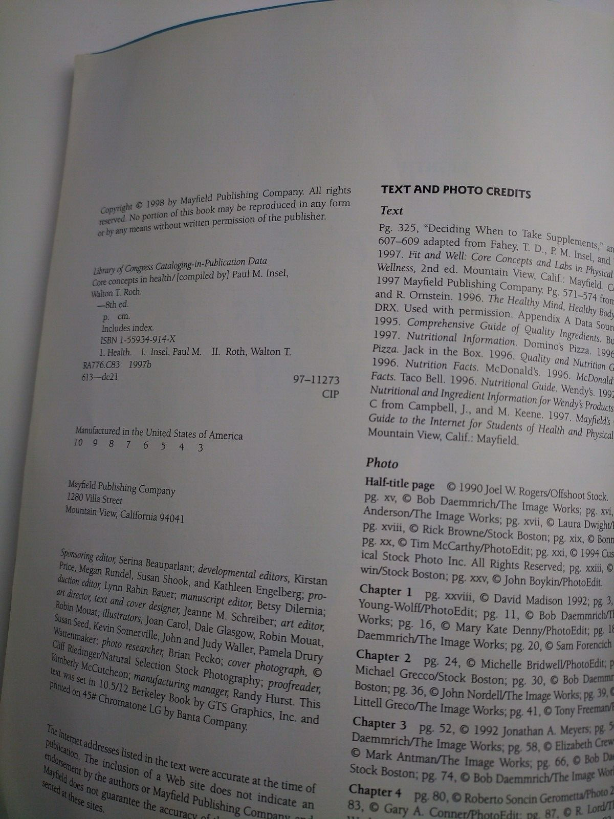 connect core concepts in health Eighth Edition paul M.Insel 1998