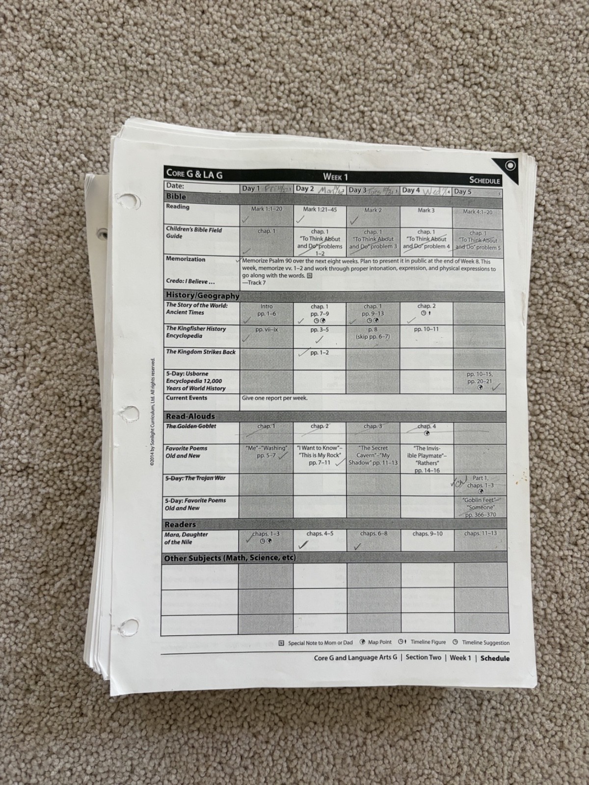 Sonlight Core G and Language Arts G Currciulum & Schedule