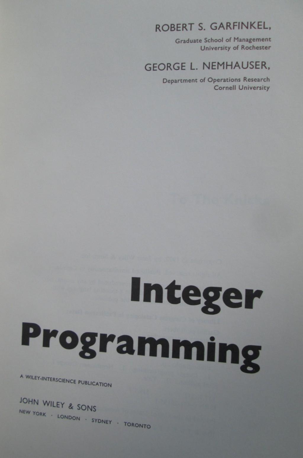 Integer Programming George L. Nemhauser HC/DJ Decision and Control Series 1972