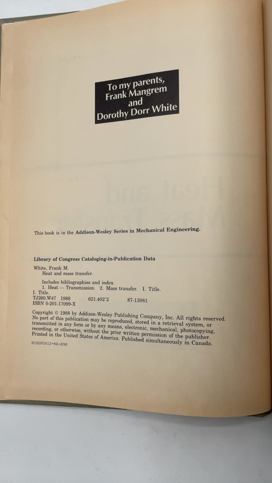 Heat and Mass Transfer Frank M. White Hardcover 1988