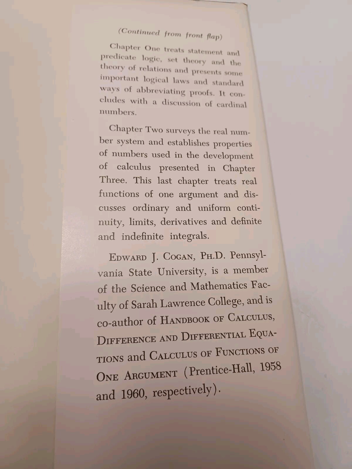 Foundations of Analysis by Edward J. Cogan – 1962 – HC/DJ – Prentice-Hall