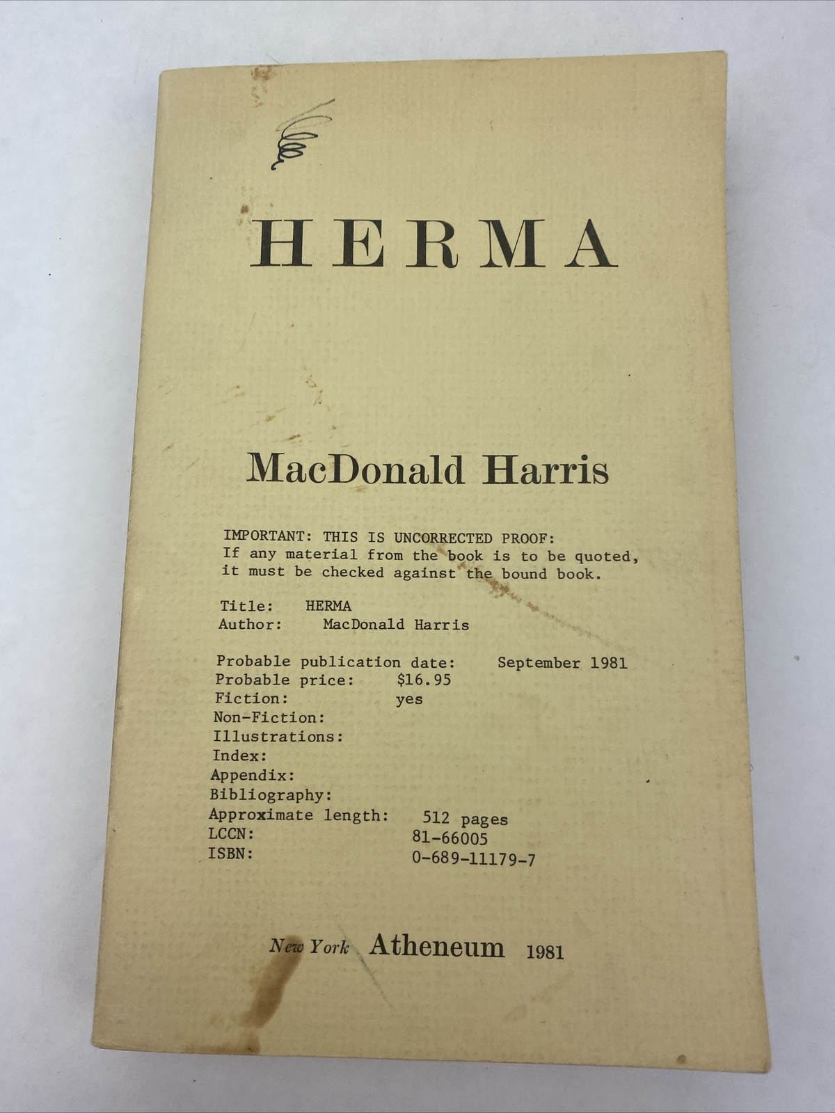 1981 Herma Macdonald Harris Paperback Uncorrected Proof
