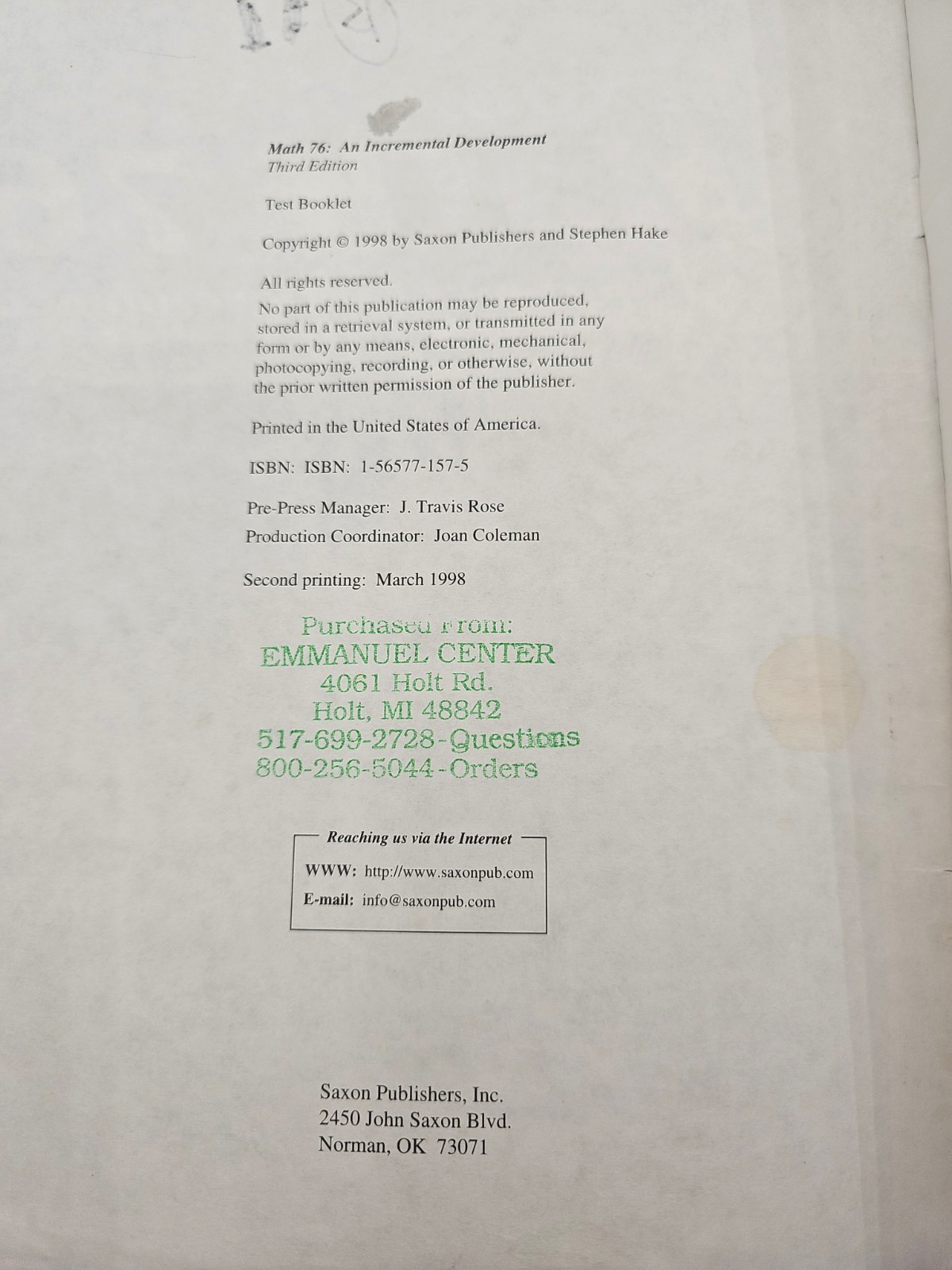 Saxon Math 76 An Incremental Development Test Forms 3rd Edition Paperback