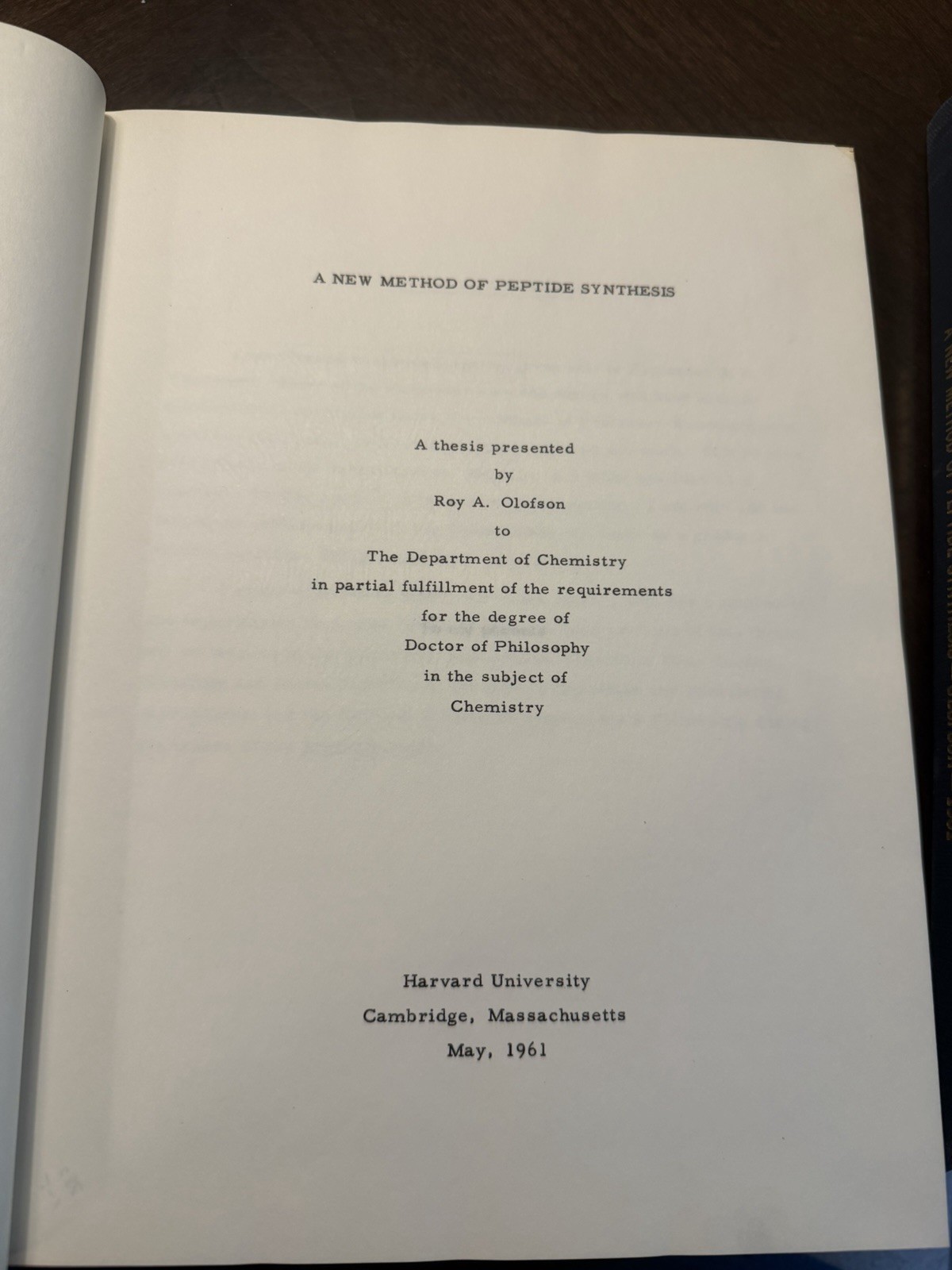 1961 Harvard Doctoral Thesis Dissertation Chemistry Peptide Synthesis Olofson