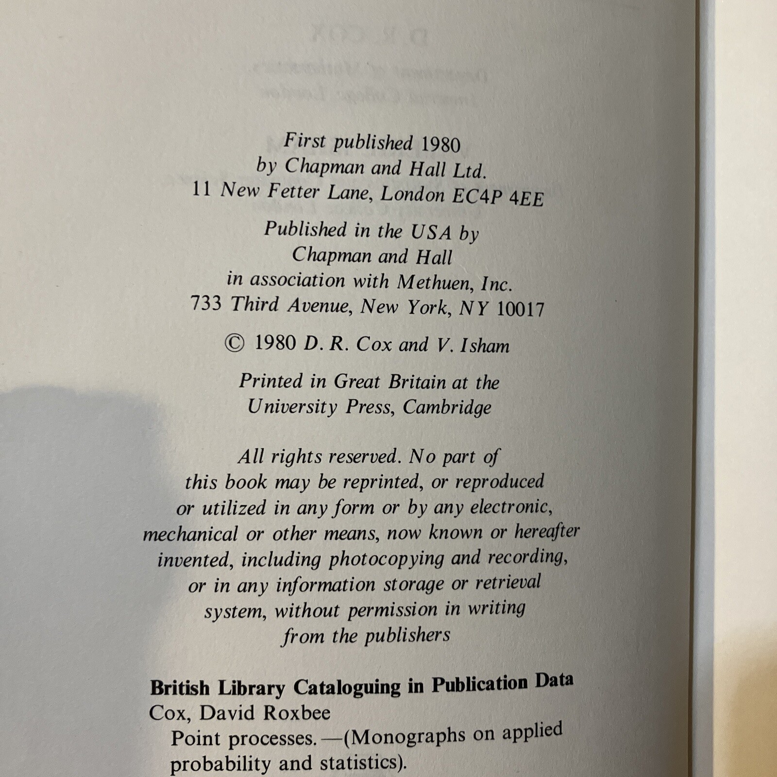 Point Processes Hardcover Valerie, Cox, D. R. Isham 1980 1st Ed HC