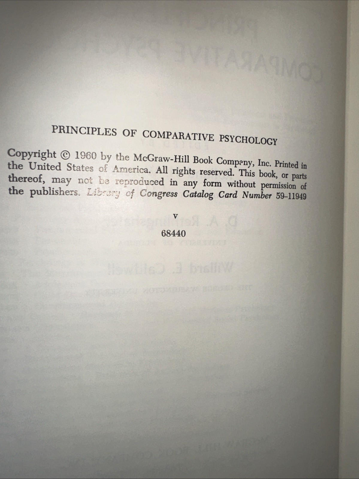McGraw-Hill Series in Psychology Principles Of Comparative Psychology 1960 HC