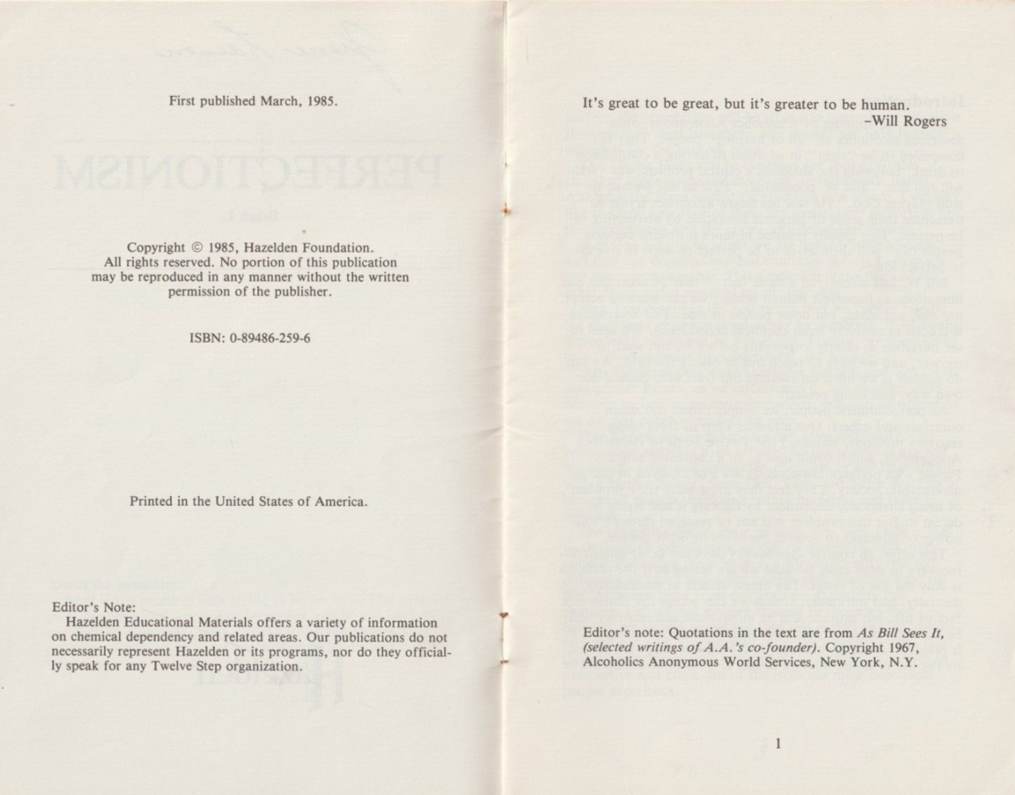 Perfectionism, Alcoholics Anonymous related, 1985