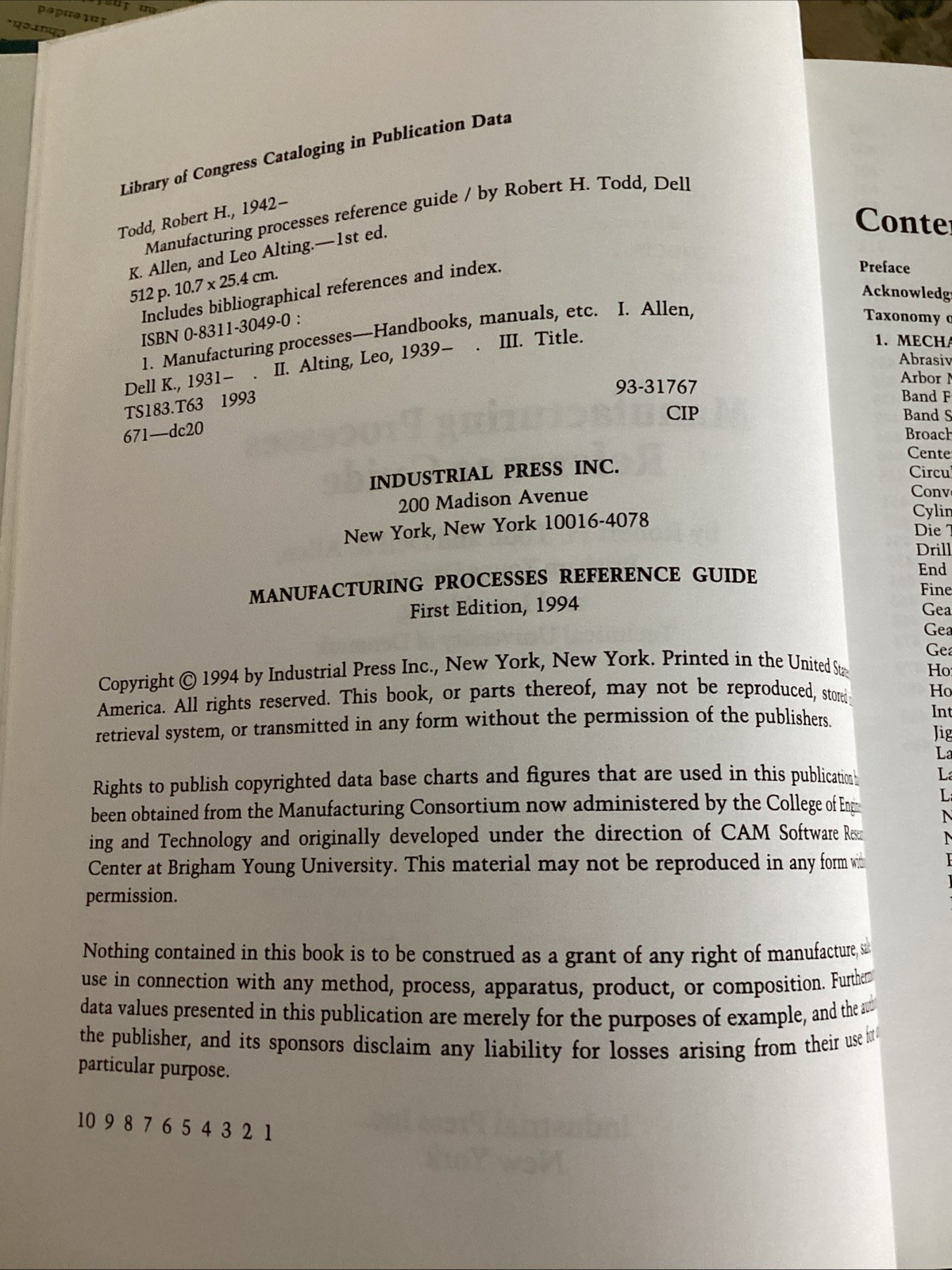 Manufacturing Processes Reference Guide Todd Allen and Alting 1st Ed HARDCOVER