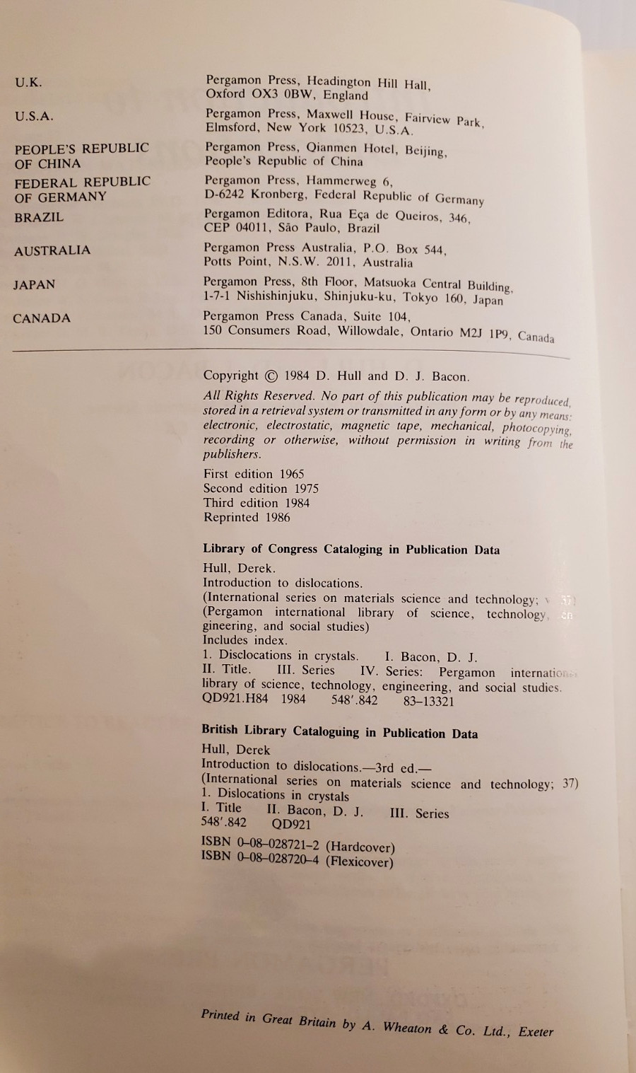 Introduction to Dislocations 3rd Edition Softcover Book Hull Bacon Volume 37