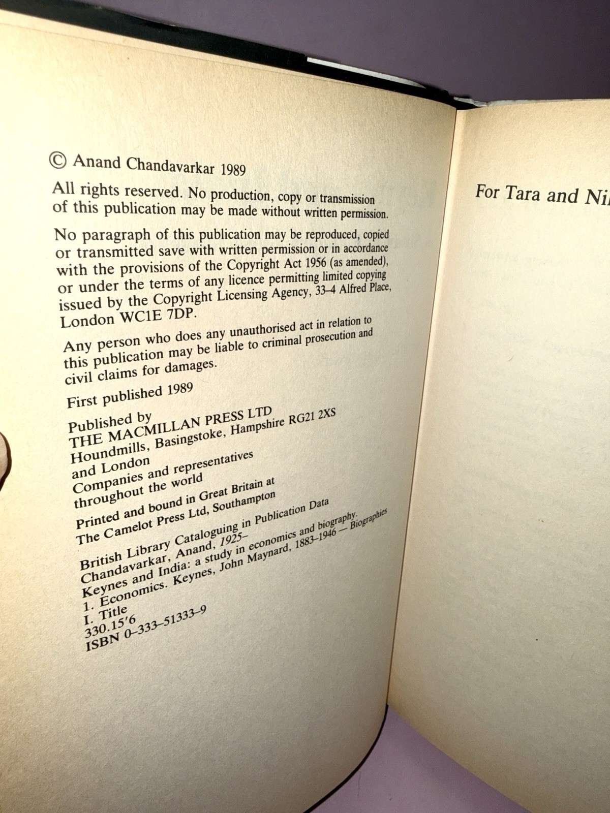 Keynes and India Chandavarkar 1989 HC DJ Macmillan Economics Book + Notes