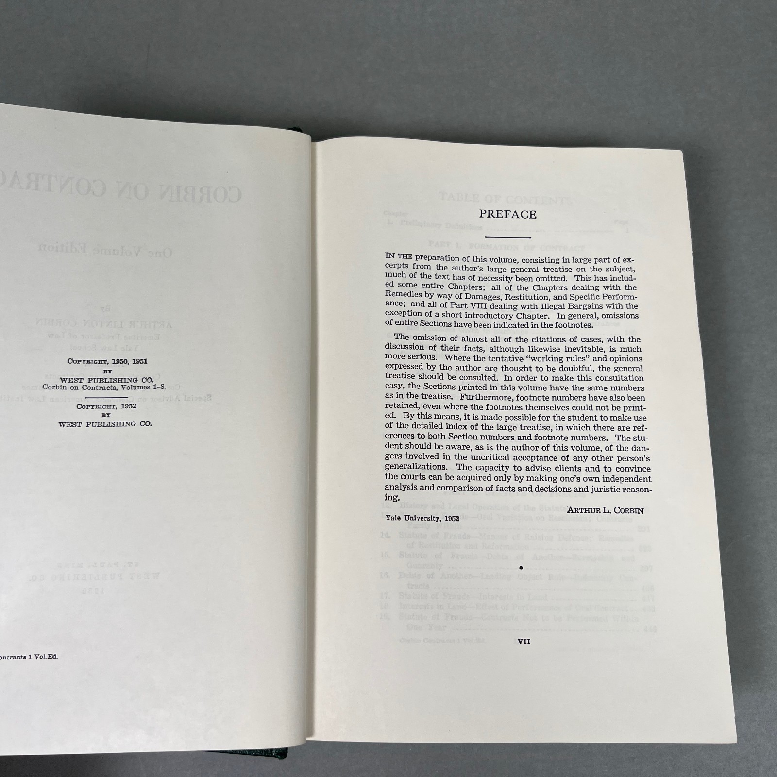 Corbin on Contracts by Arthur Corbin 1 Volume Edition 1952 Hardcover Ships Fast