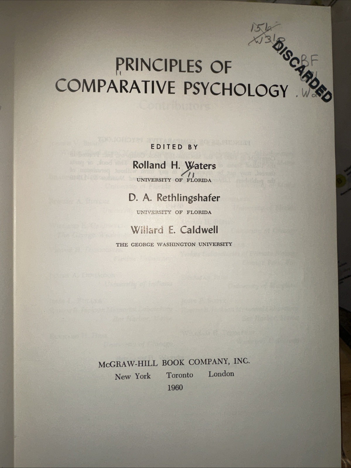 McGraw-Hill Series in Psychology Principles Of Comparative Psychology 1960 HC