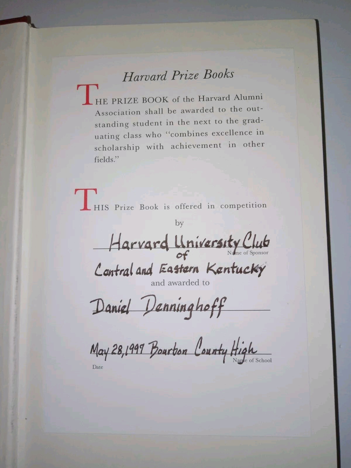 The Harvard Book Prize Book With Papers And Personal Picture