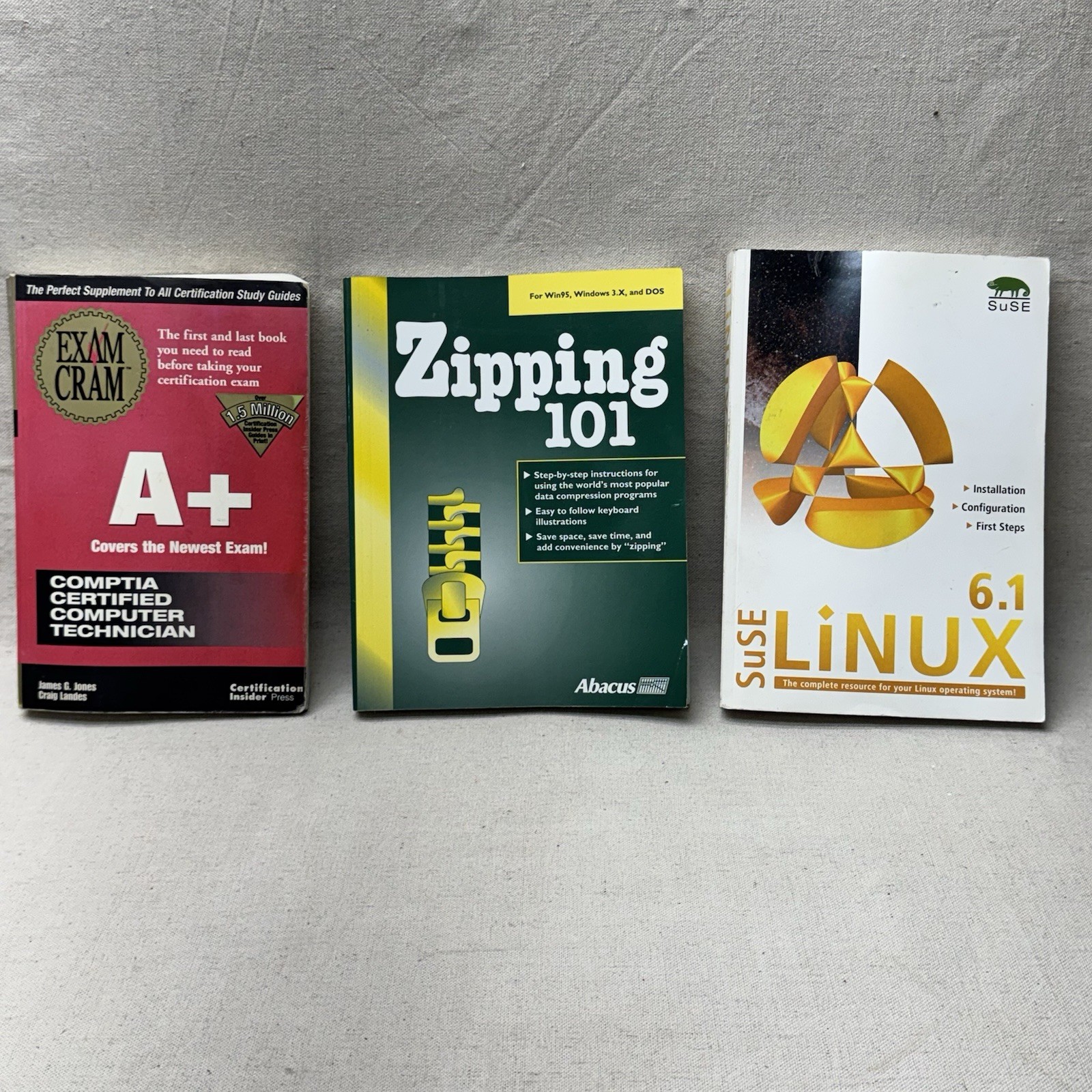 Three Vintage Computer Book Lot: Exam Cram A+ Zipping 101 SuSE Linux 6.1 Manuals