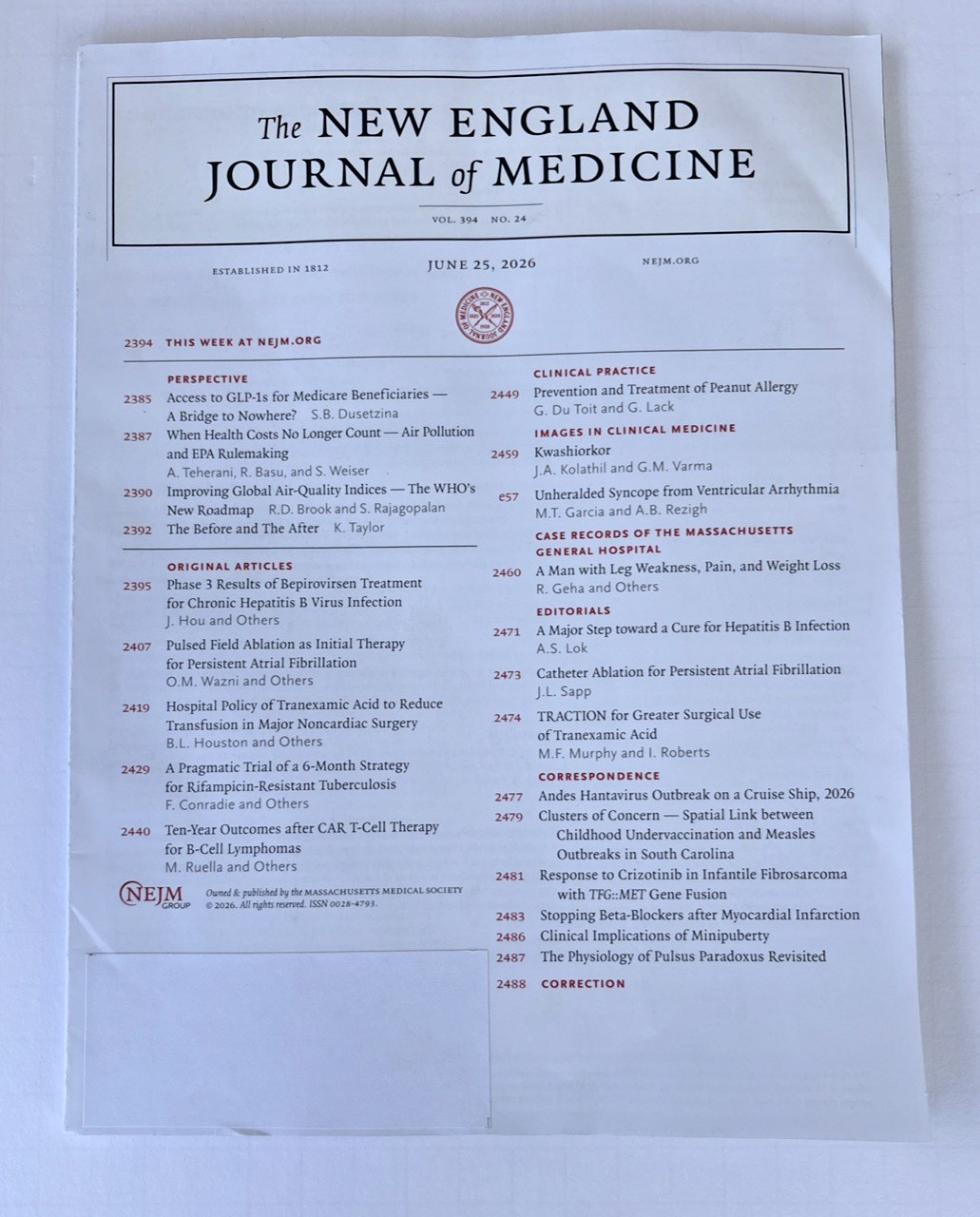 New England Journal of Medicine NEJM single issue Vol 394, No 24, June 25, 2026