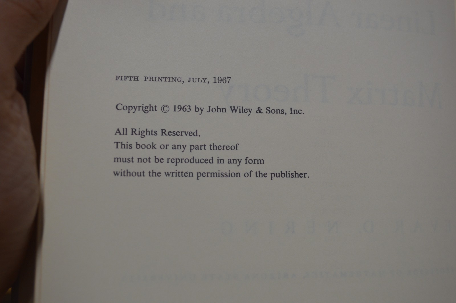 Linear Algebra and Matrix Theory HC 1967 5th Printing John Wiley Mathematics