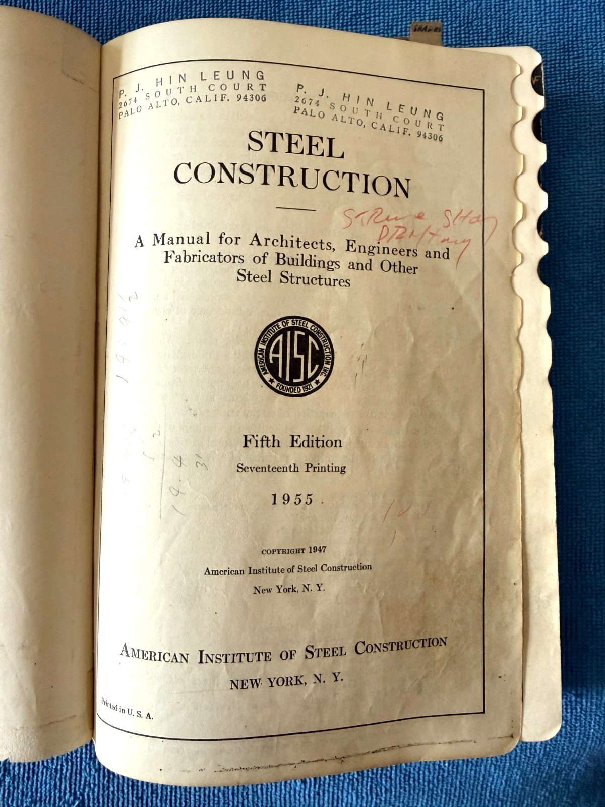 1955 AISC Manual American Institute of Steel Construction 5th Edition 17th Print
