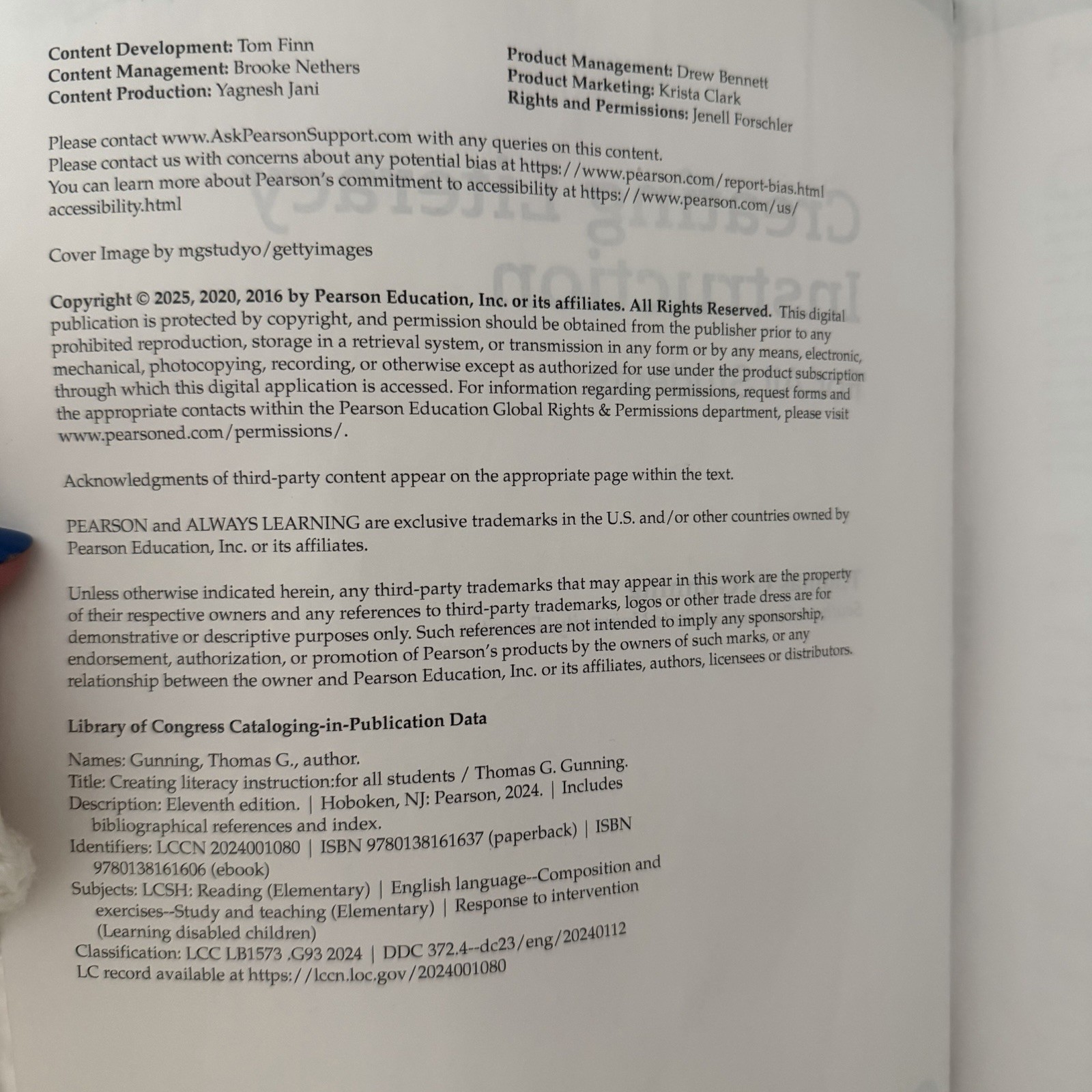 Pearson Creating Literacy Instruction Eleventh Edition Gunning Paperback