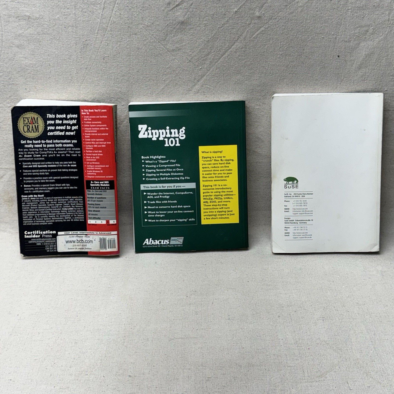 Three Vintage Computer Book Lot: Exam Cram A+ Zipping 101 SuSE Linux 6.1 Manuals