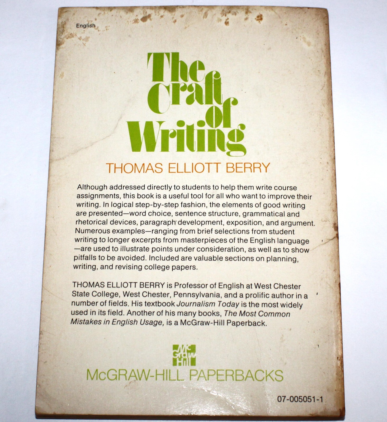 The Craft of Writing by Thomas Elliott Berry (Trade Paperback 1974)
