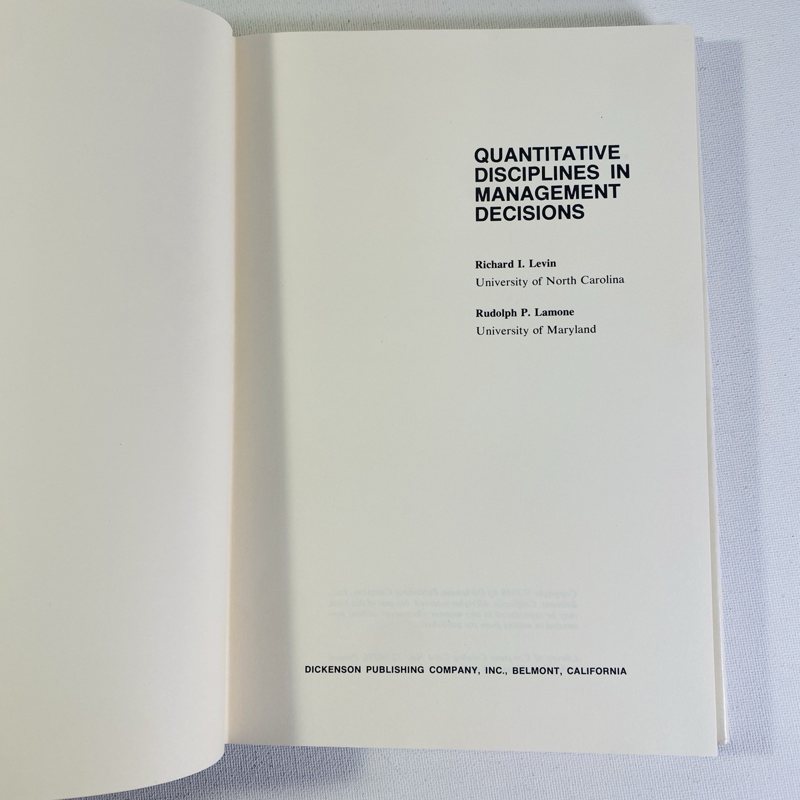 Quantitative Disciplines in Management Decisions by Levin & Lamone 1969 Hardcove