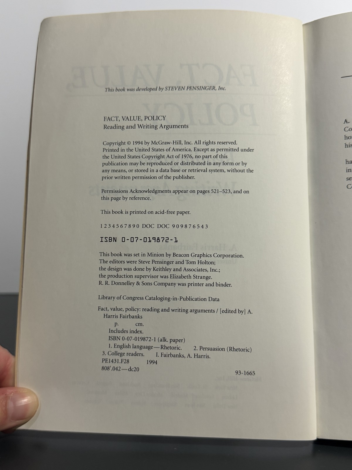 Fact, Value, Policy Reading and Writing Arguments A. Harris Fairbanks Textbook