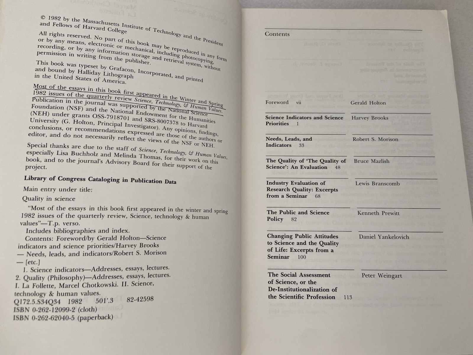Quality In Science by Follette, Marcel Chotkowski La [Editor] 1982 PB