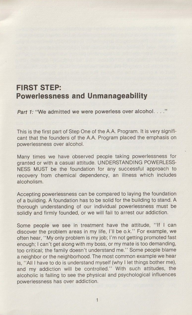 Step 1, the foundation of recovery, Hazelden, Alcoholics Anonymous, 1983 booklet