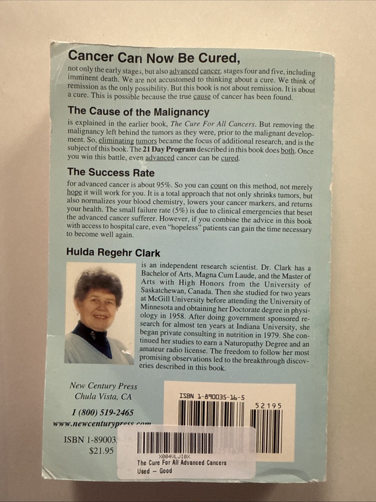 The Cure For All Advanced Cancers by Hulda Regehr Clark – Top Portion Cut