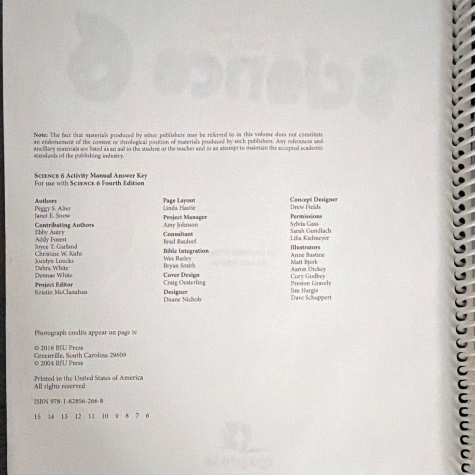 BJU Press Science 6 Activity Manual Answer Key 4th Edition Ring/Wire Bound 2016