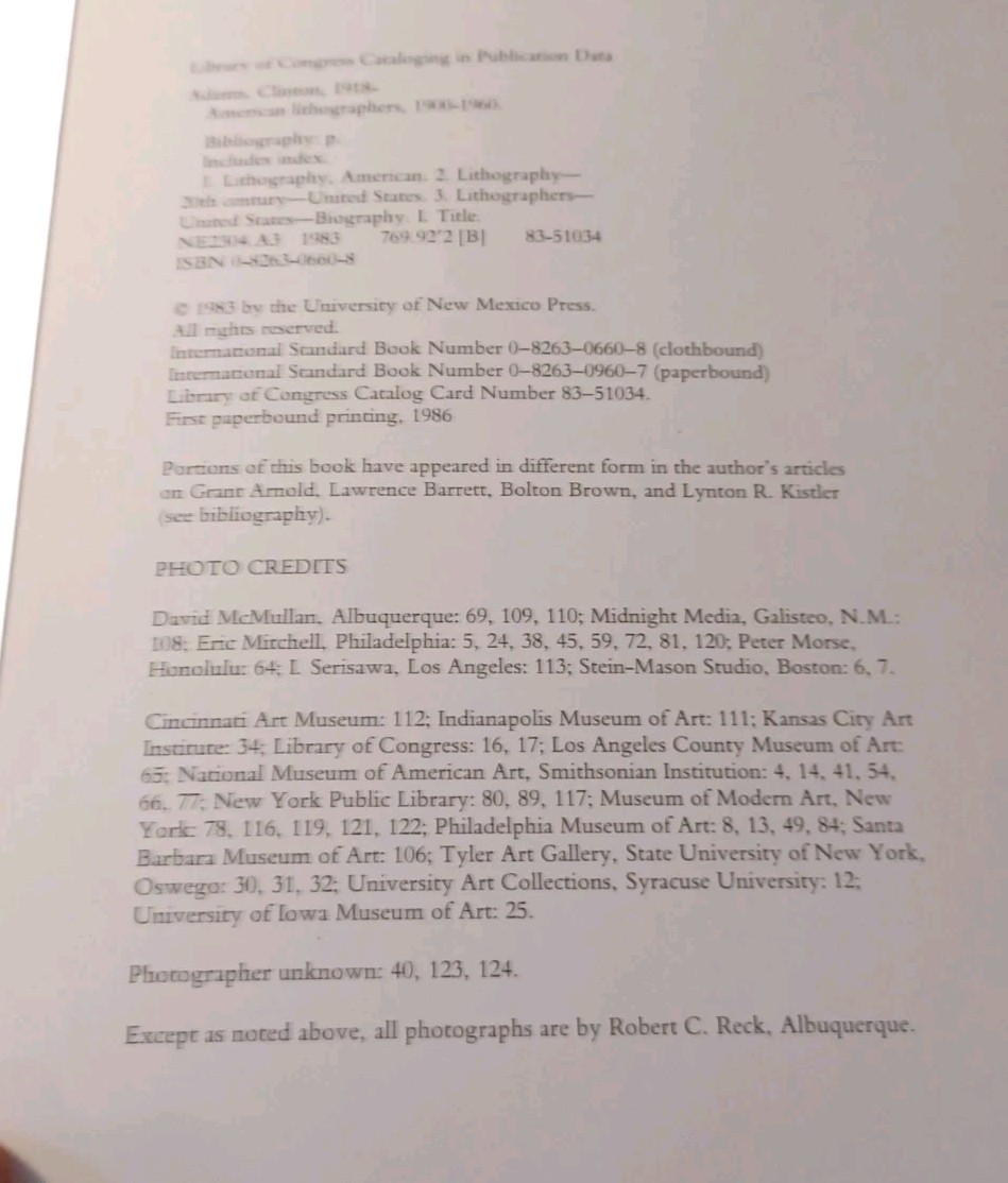 AMERICAN LITHOGRAPHERS, 1900-1960: THE ARTISTS AND THEIR By Clinton Adams